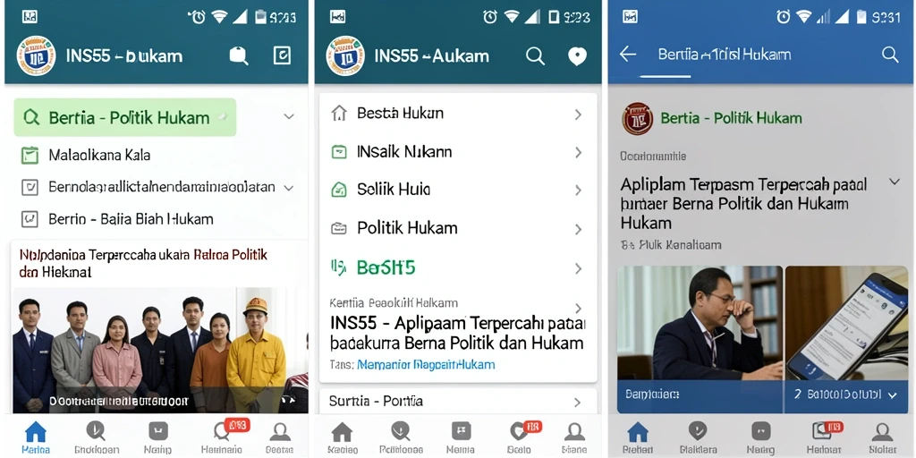 Tampilan utama aplikasi INS55 dengan berita politik dan hukum.